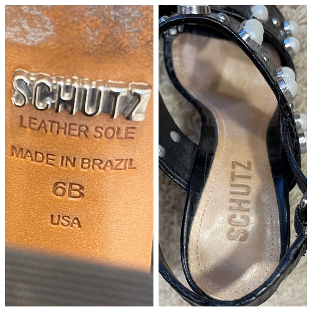 Schutz Zarita Sandal Black Leather open Toe Pearl Pump (6) - Picture 13 of 13